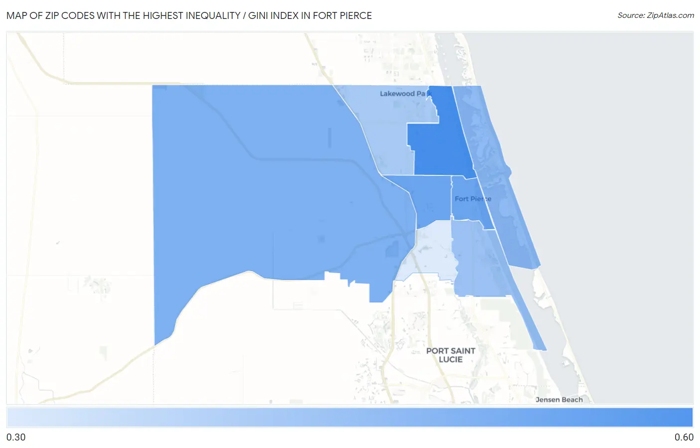 Zip Codes with the Highest Inequality / Gini Index in Fort Pierce Map