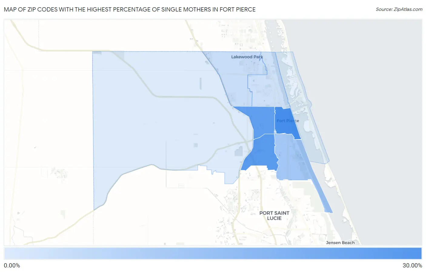 Zip Codes with the Highest Percentage of Single Mothers in Fort Pierce Map