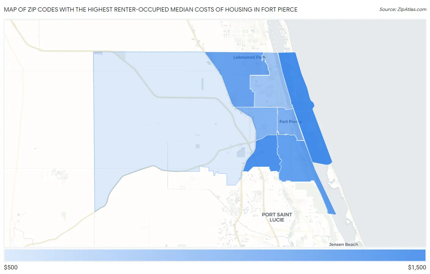 Zip Codes with the Highest Renter-Occupied Median Costs of Housing in Fort Pierce Map