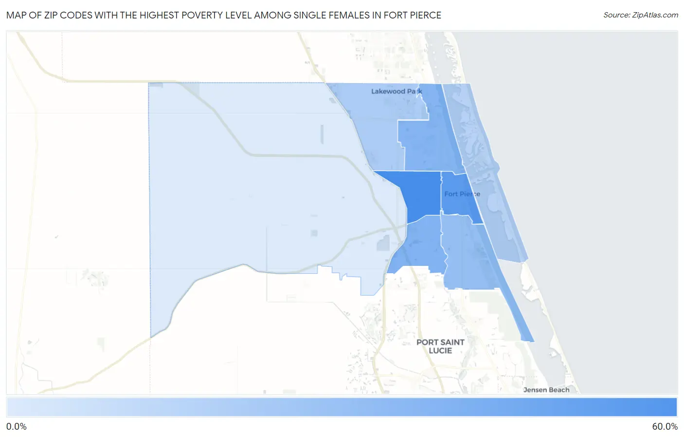 Zip Codes with the Highest Poverty Level Among Single Females in Fort Pierce Map