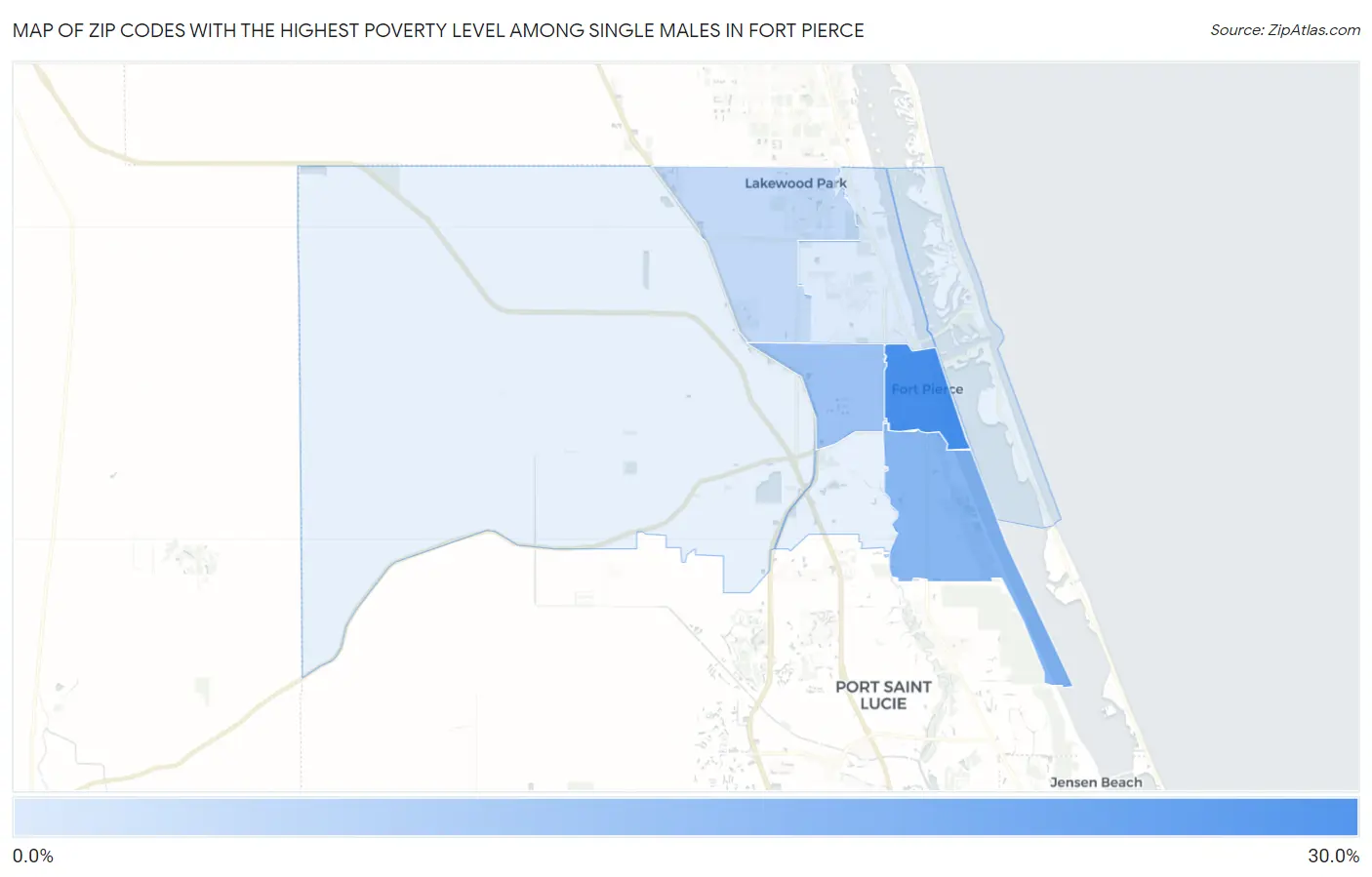 Zip Codes with the Highest Poverty Level Among Single Males in Fort Pierce Map
