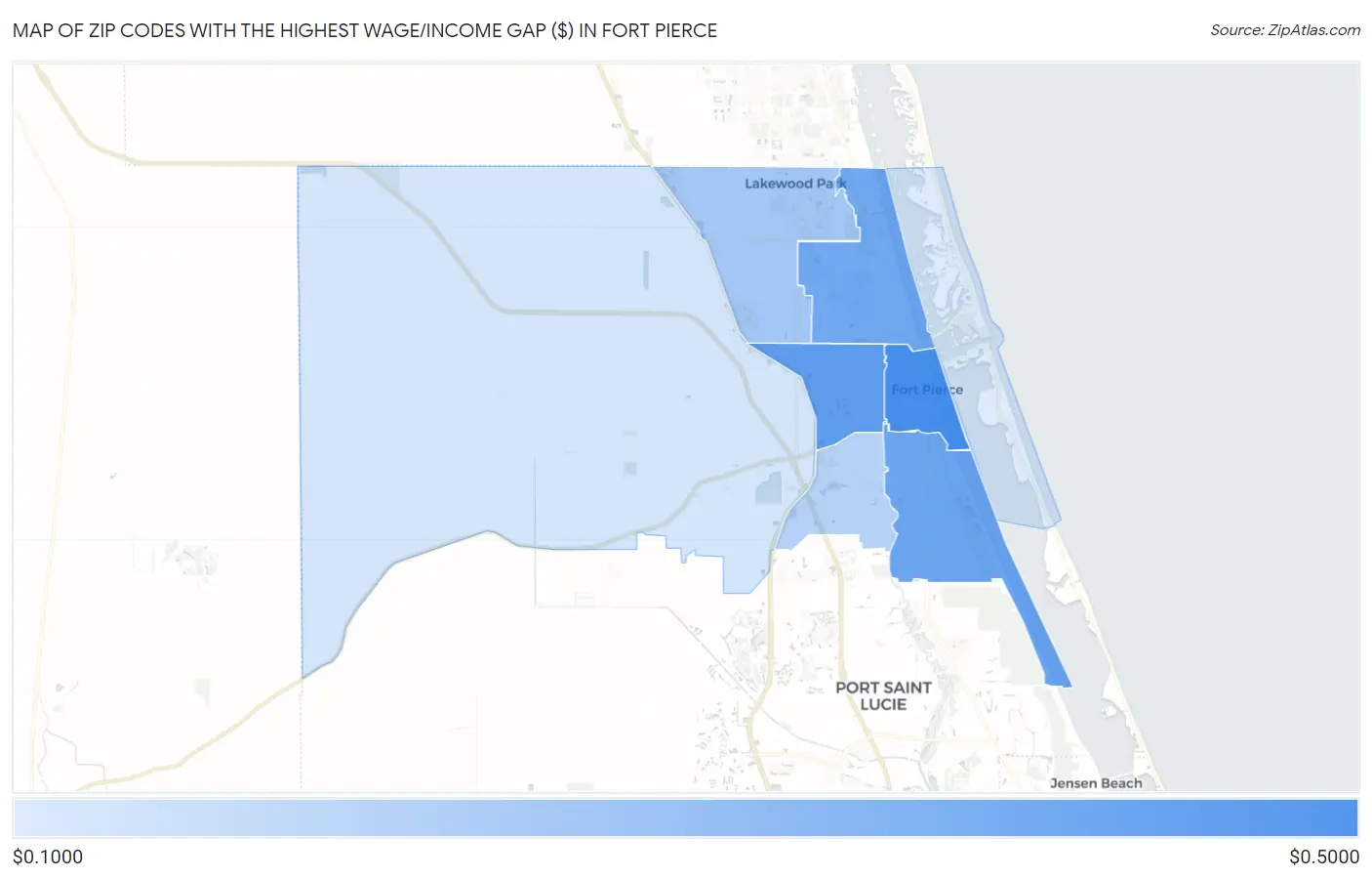 Zip Codes with the Highest Wage/Income Gap ($) in Fort Pierce Map