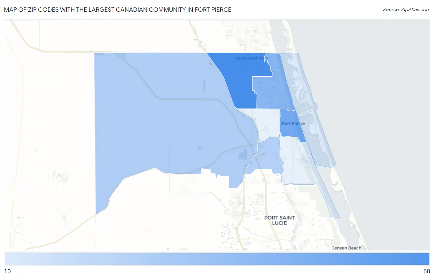 Zip Codes with the Largest Canadian Community in Fort Pierce Map