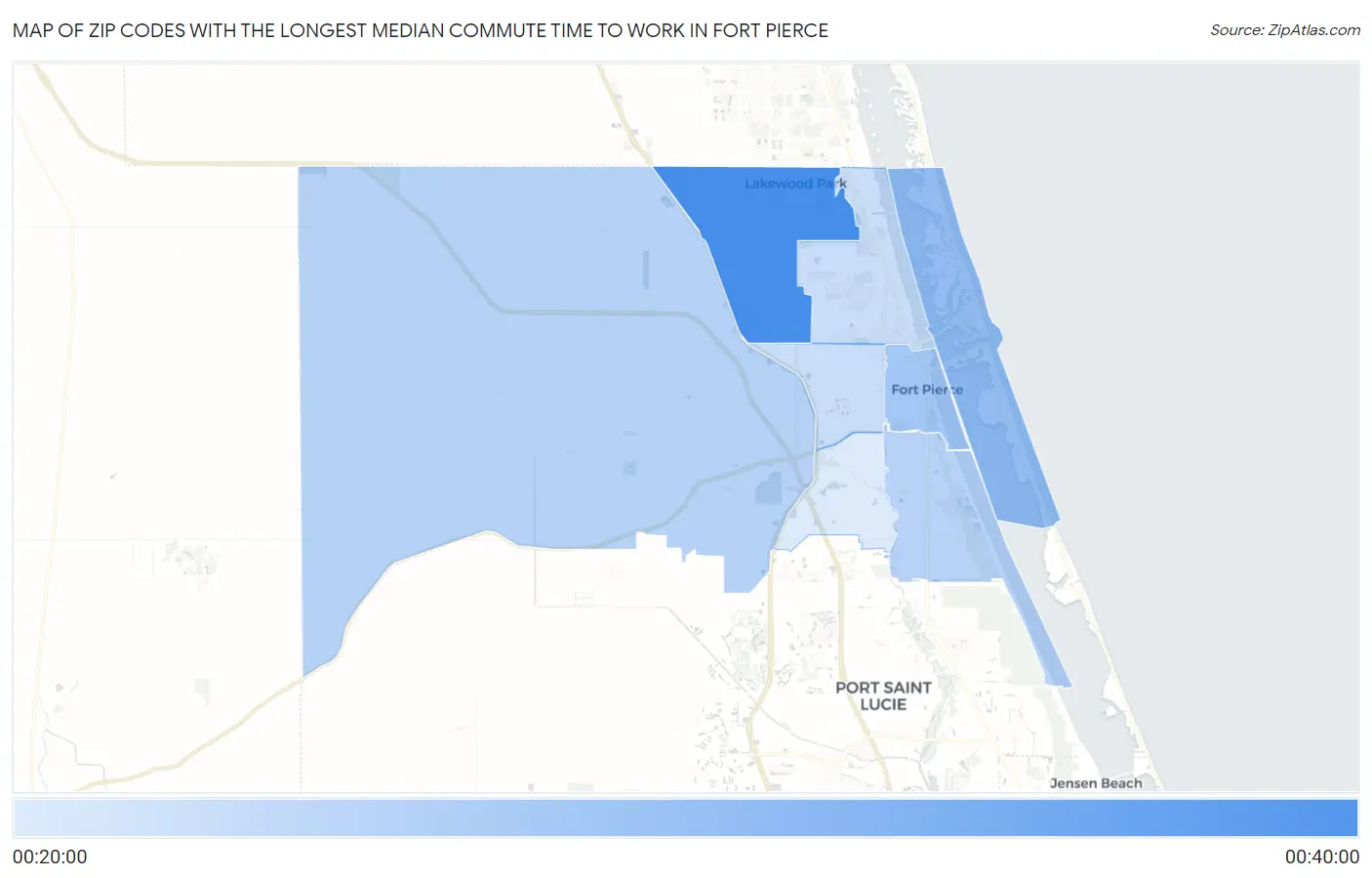 Zip Codes with the Longest Median Commute Time to Work in Fort Pierce Map