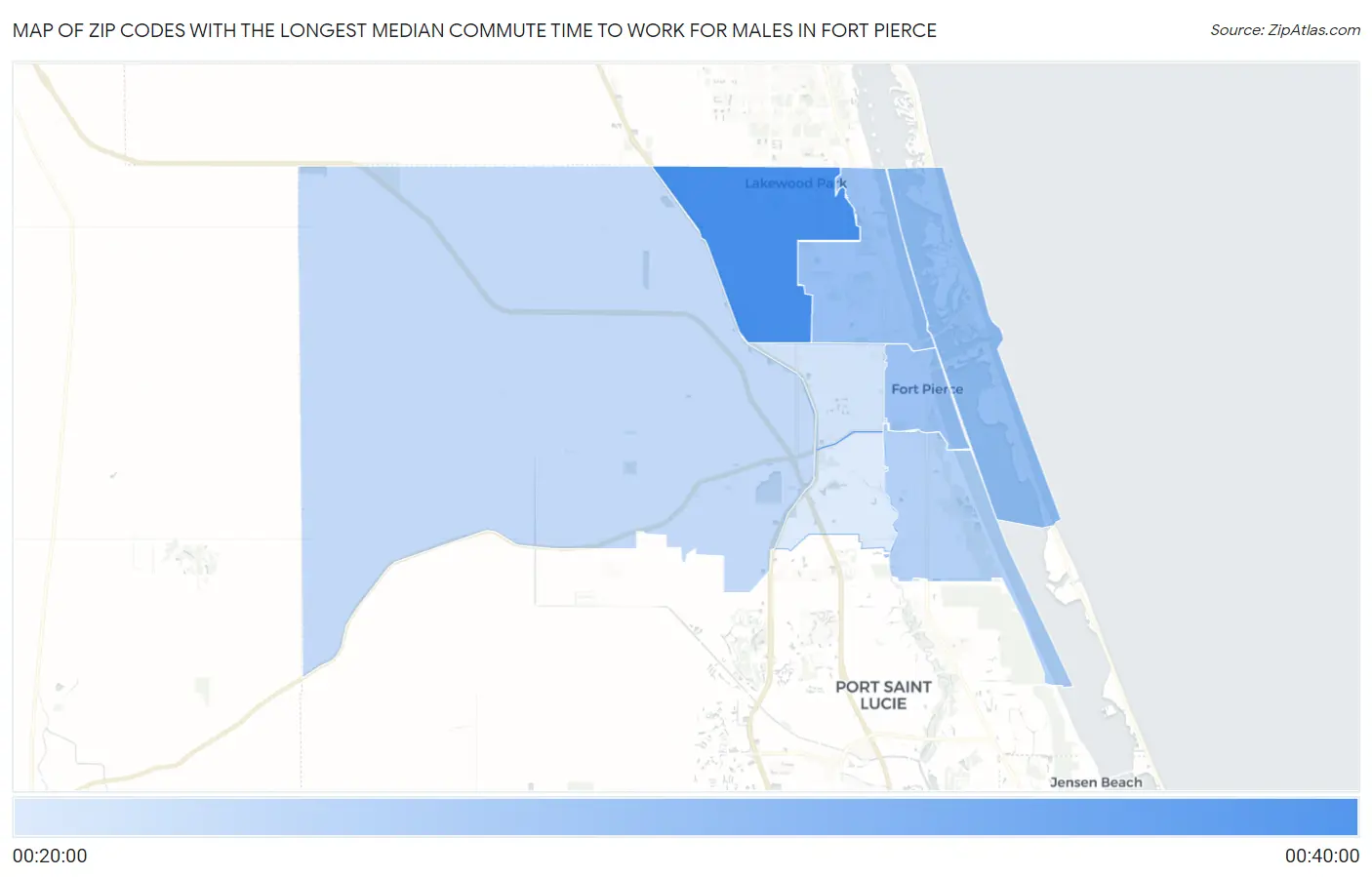 Zip Codes with the Longest Median Commute Time to Work for Males in Fort Pierce Map