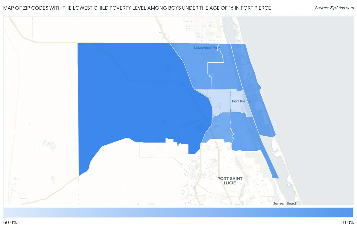 Zip Codes with the Lowest Child Poverty Level Among Boys Under the Age of 16 in Fort Pierce Map