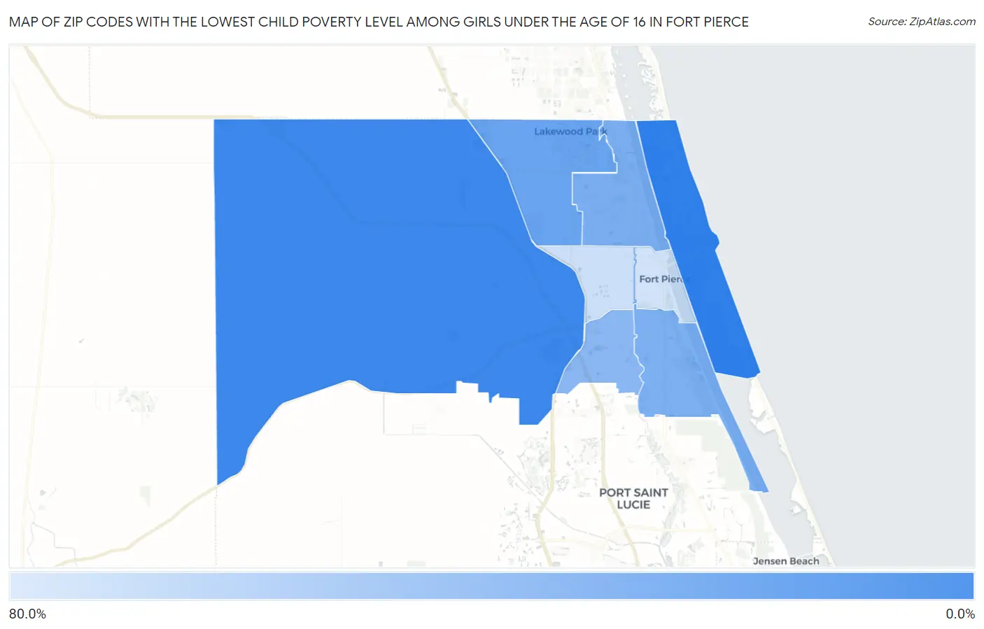 Zip Codes with the Lowest Child Poverty Level Among Girls Under the Age of 16 in Fort Pierce Map