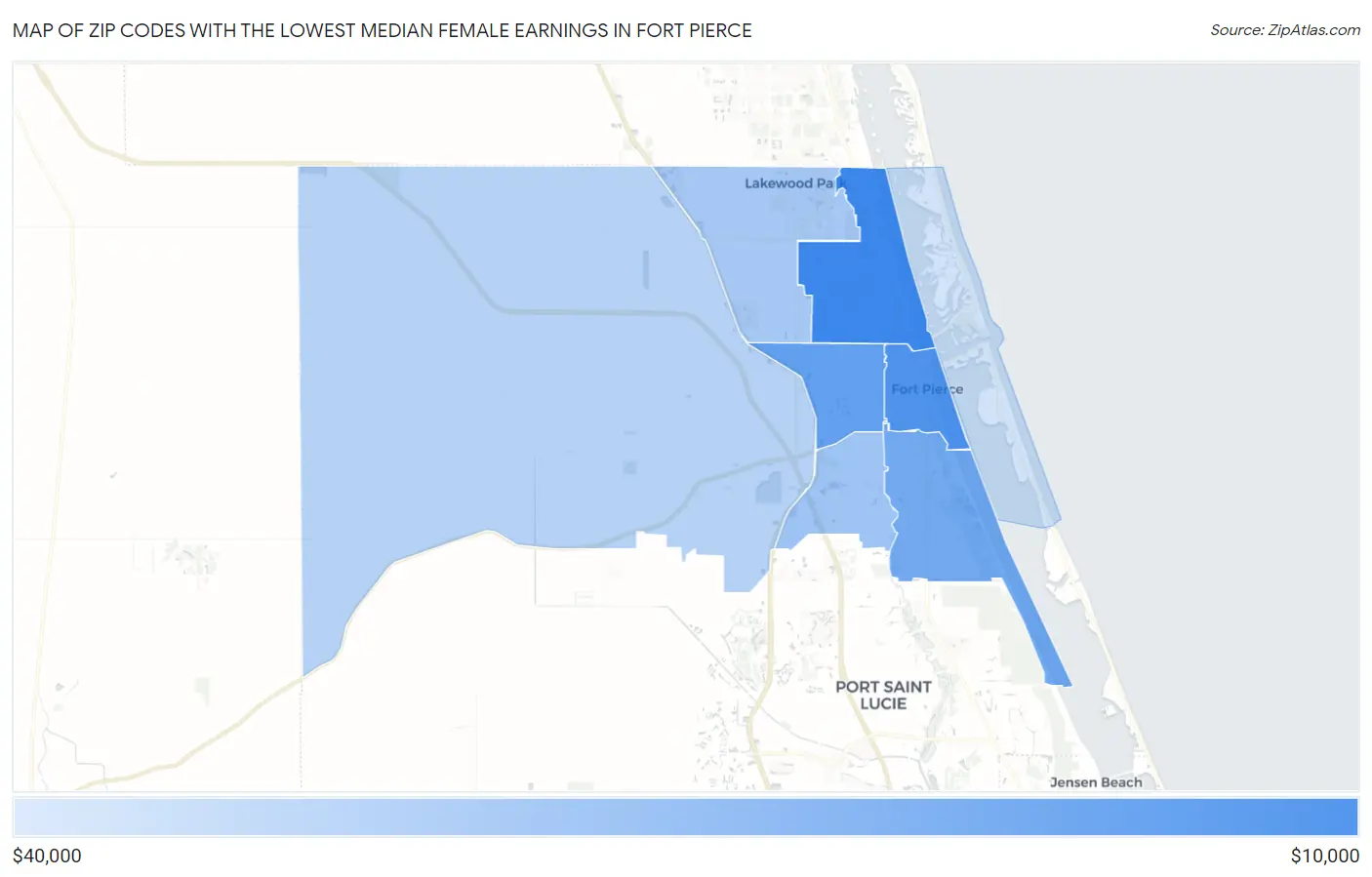 Zip Codes with the Lowest Median Female Earnings in Fort Pierce Map
