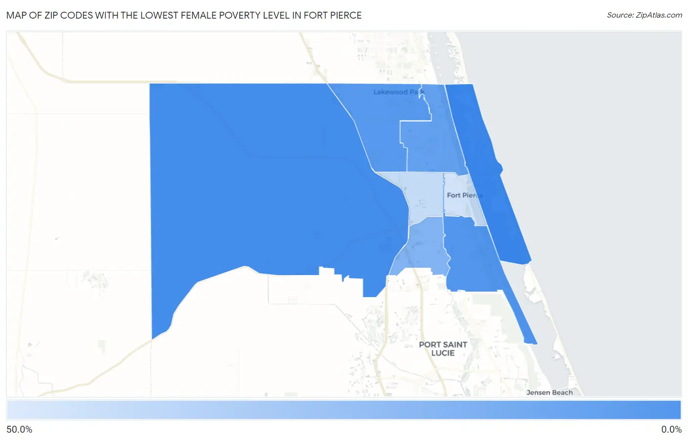 Zip Codes with the Lowest Female Poverty Level in Fort Pierce Map