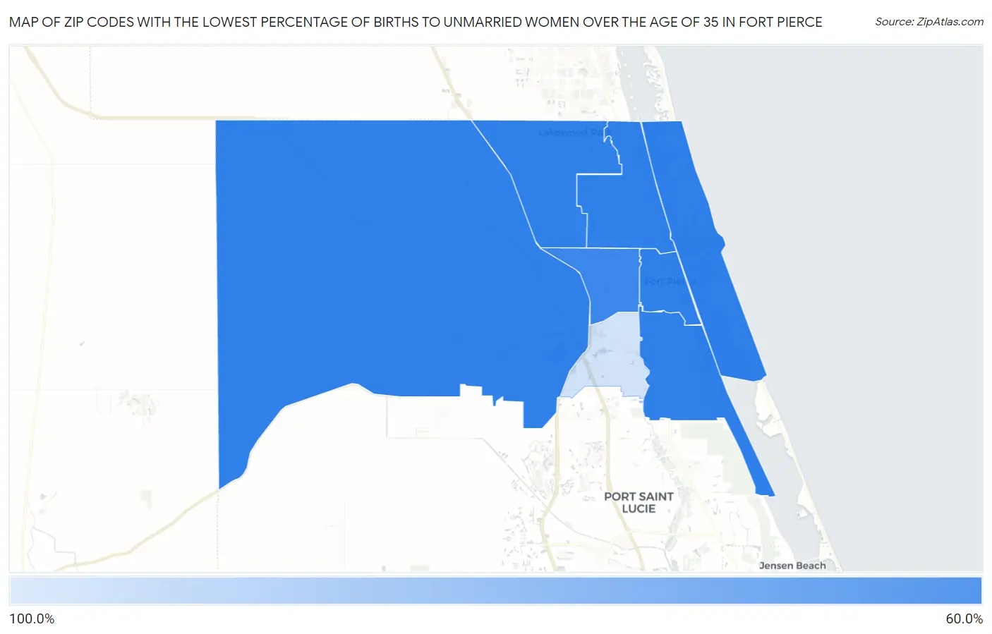 Zip Codes with the Lowest Percentage of Births to Unmarried Women over the Age of 35 in Fort Pierce Map