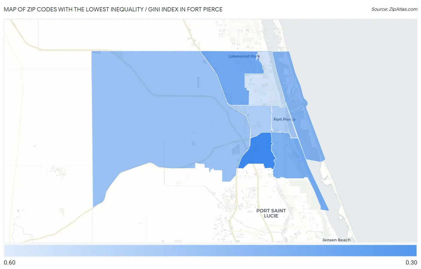 Zip Codes with the Lowest Inequality / Gini Index in Fort Pierce Map