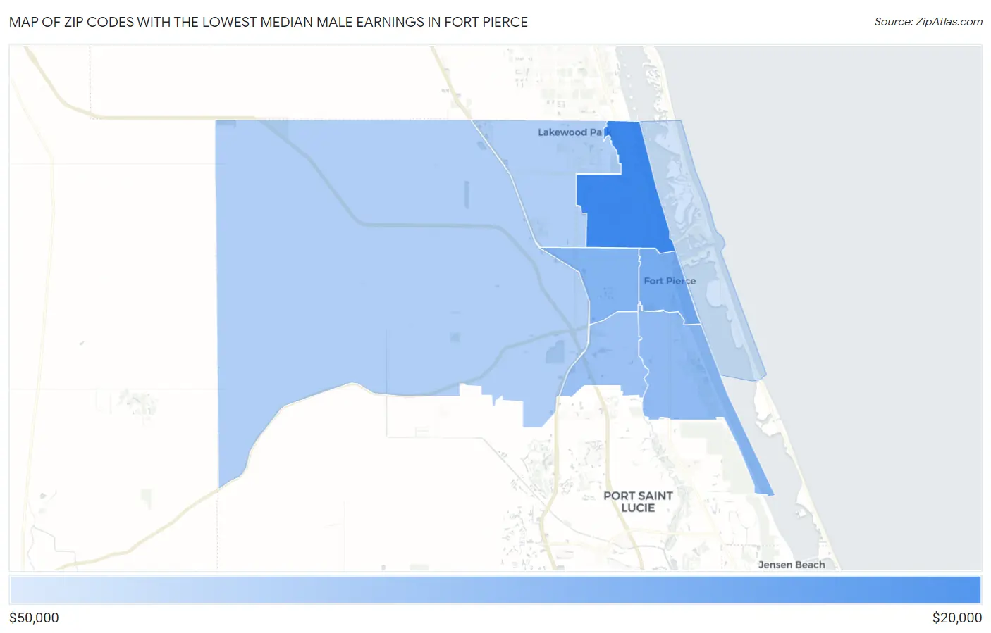 Zip Codes with the Lowest Median Male Earnings in Fort Pierce Map