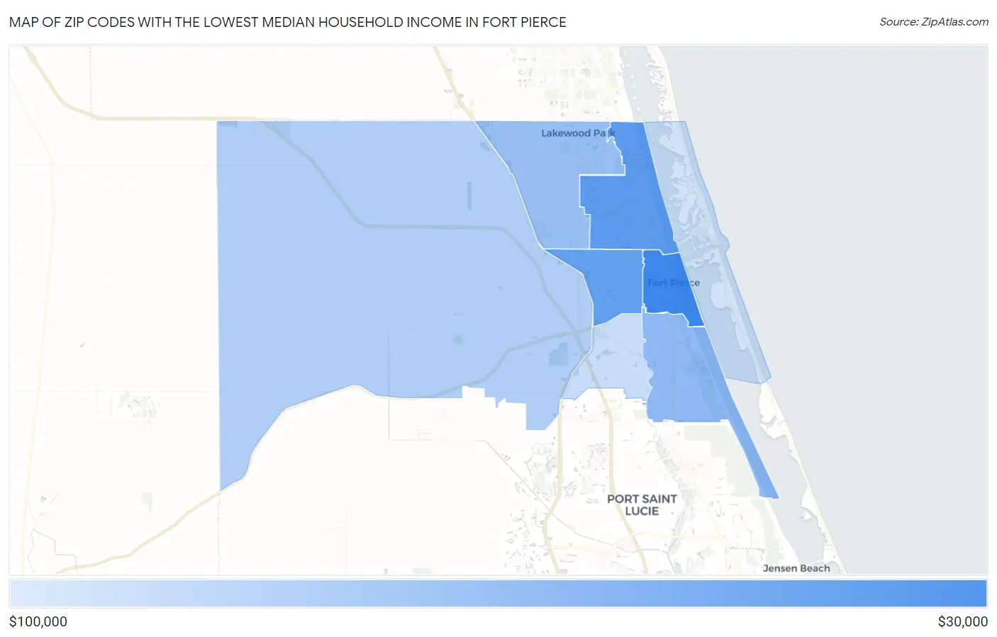 Zip Codes with the Lowest Median Household Income in Fort Pierce Map