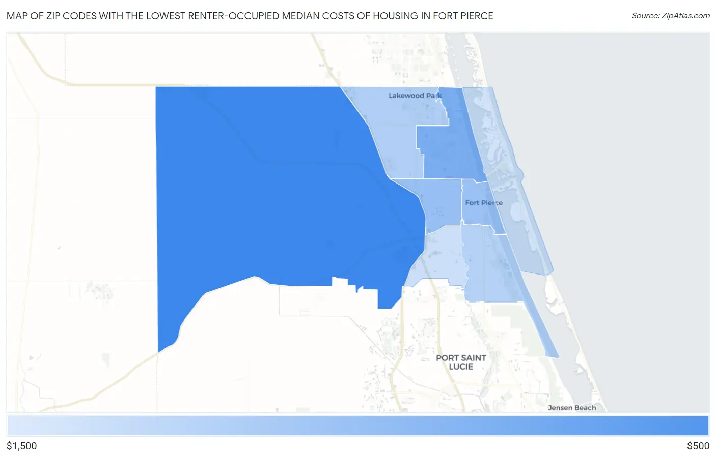 Zip Codes with the Lowest Renter-Occupied Median Costs of Housing in Fort Pierce Map