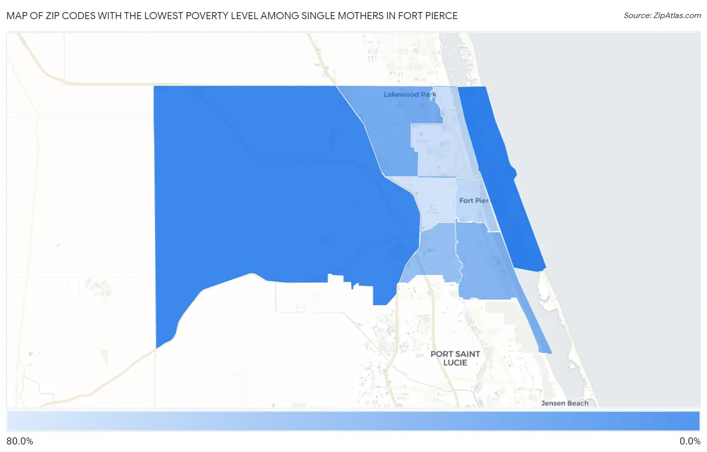 Zip Codes with the Lowest Poverty Level Among Single Mothers in Fort Pierce Map
