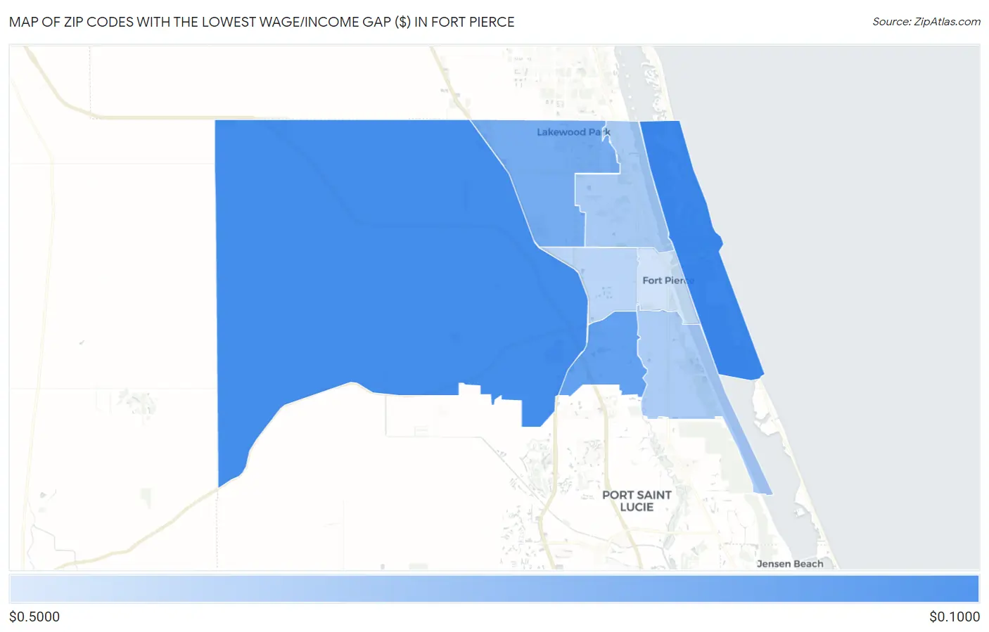 Zip Codes with the Lowest Wage/Income Gap ($) in Fort Pierce Map