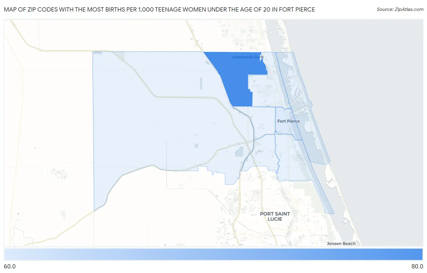 Zip Codes with the Most Births per 1,000 Teenage Women Under the Age of 20 in Fort Pierce Map
