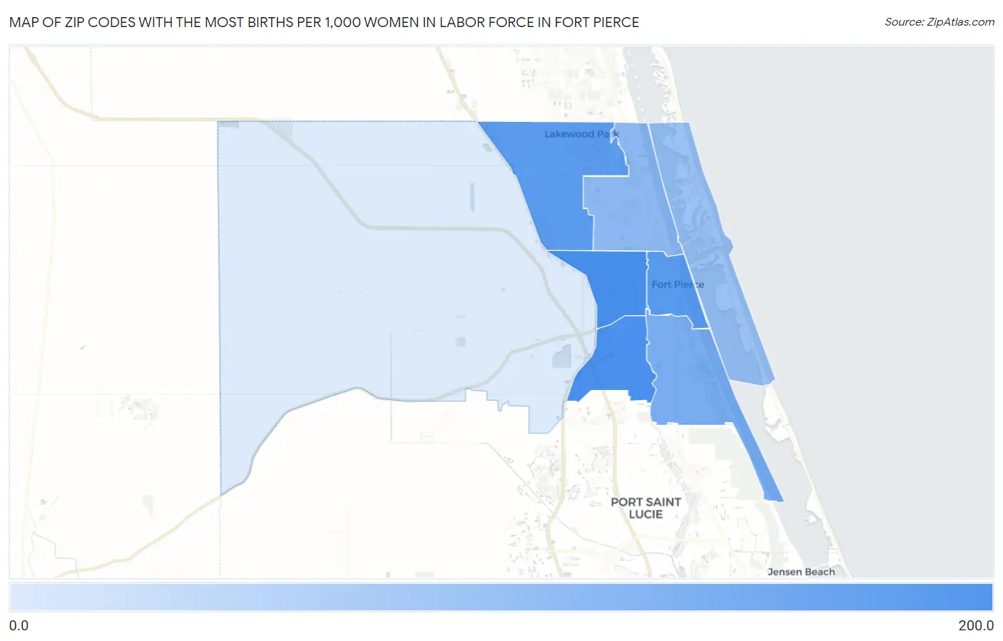 Zip Codes with the Most Births per 1,000 Women in Labor Force in Fort Pierce Map