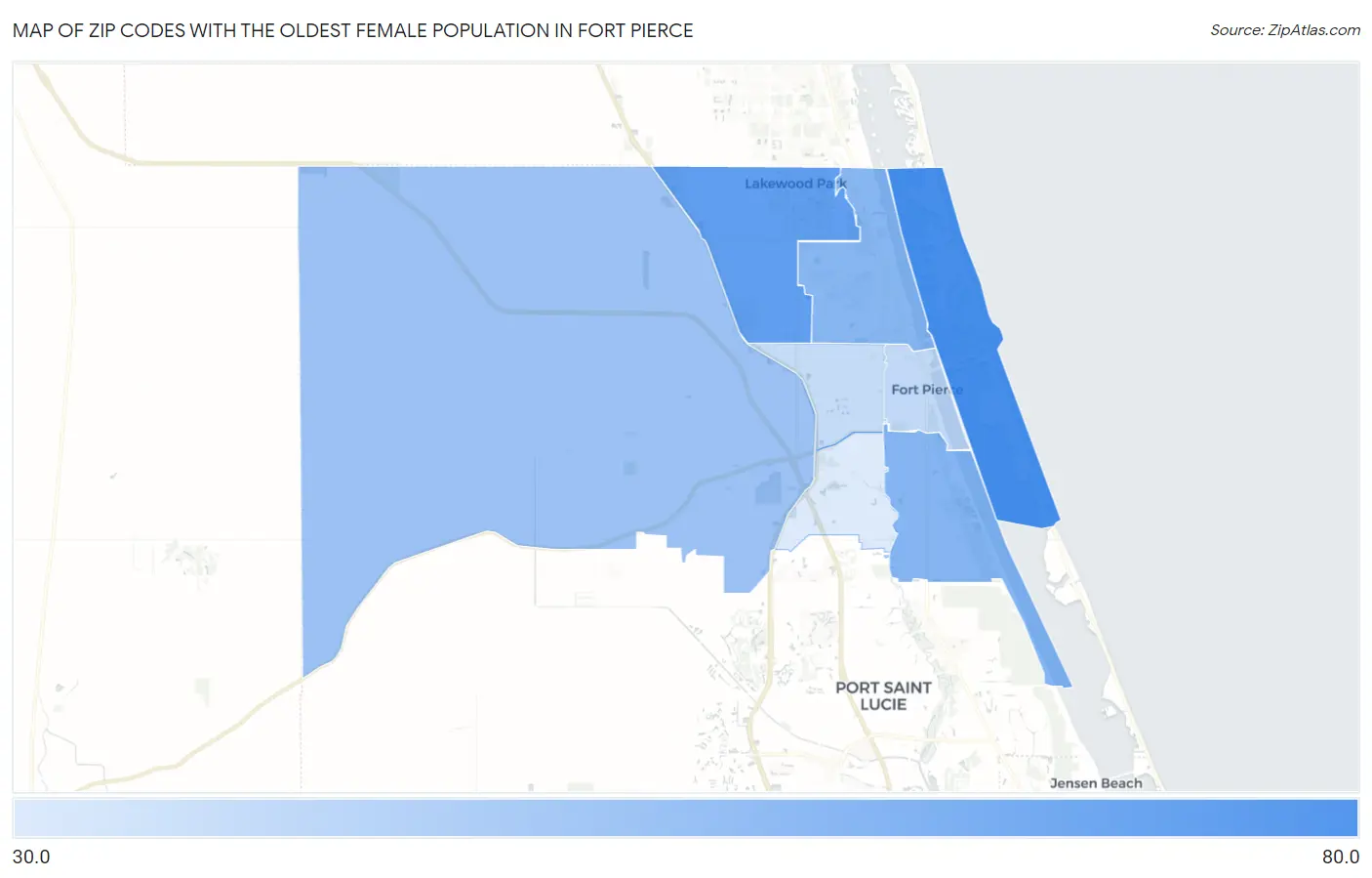 Zip Codes with the Oldest Female Population in Fort Pierce Map