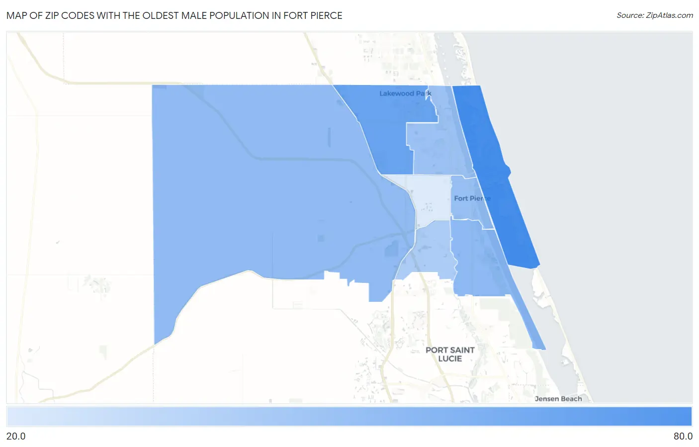 Zip Codes with the Oldest Male Population in Fort Pierce Map