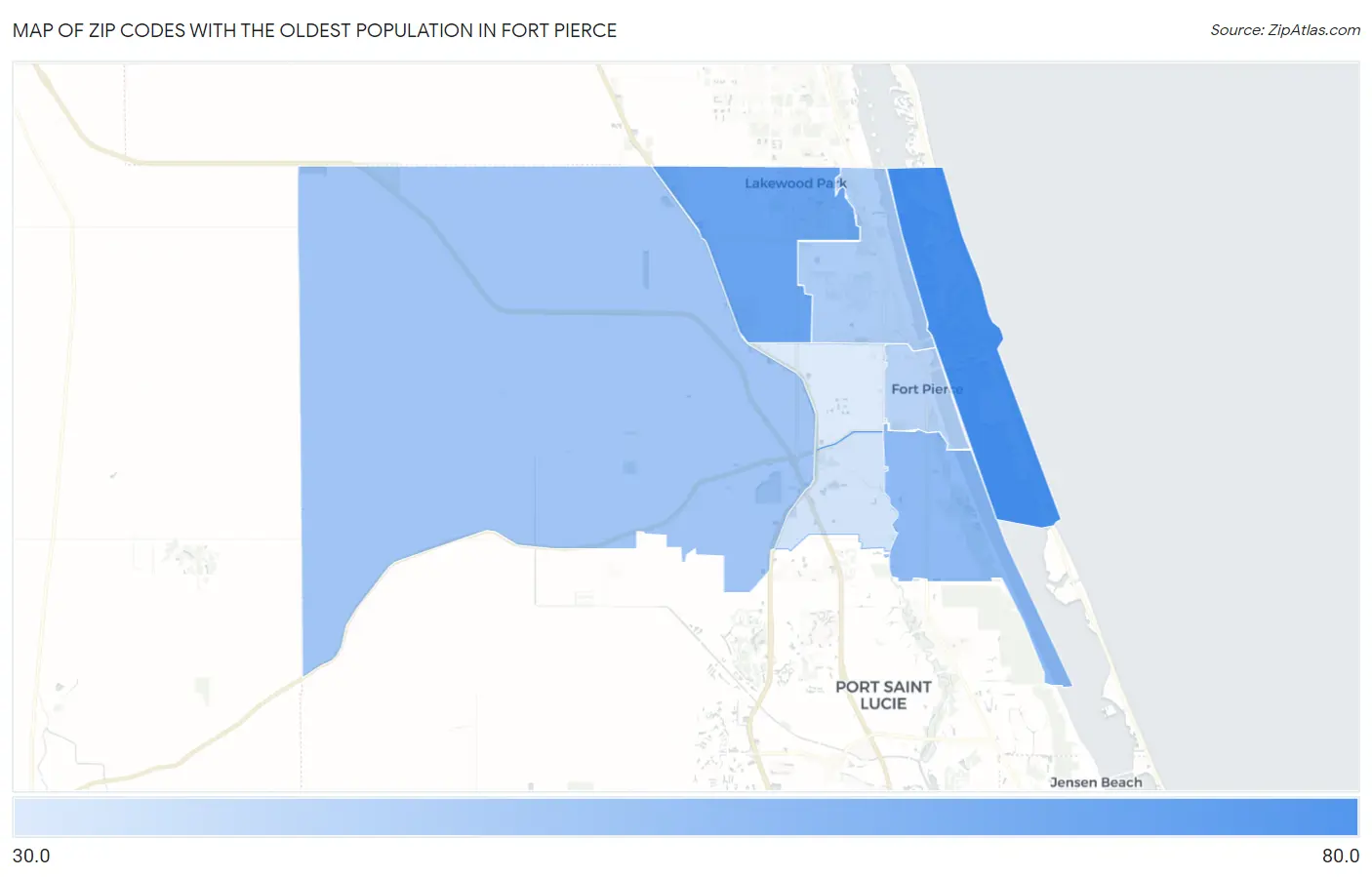 Zip Codes with the Oldest Population in Fort Pierce Map