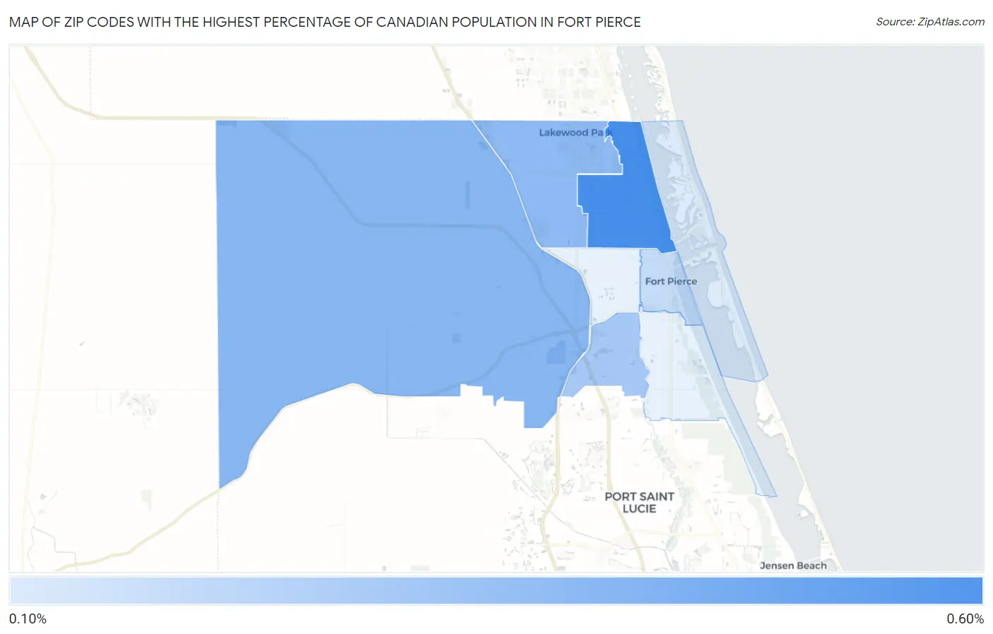 Zip Codes with the Highest Percentage of Canadian Population in Fort Pierce Map