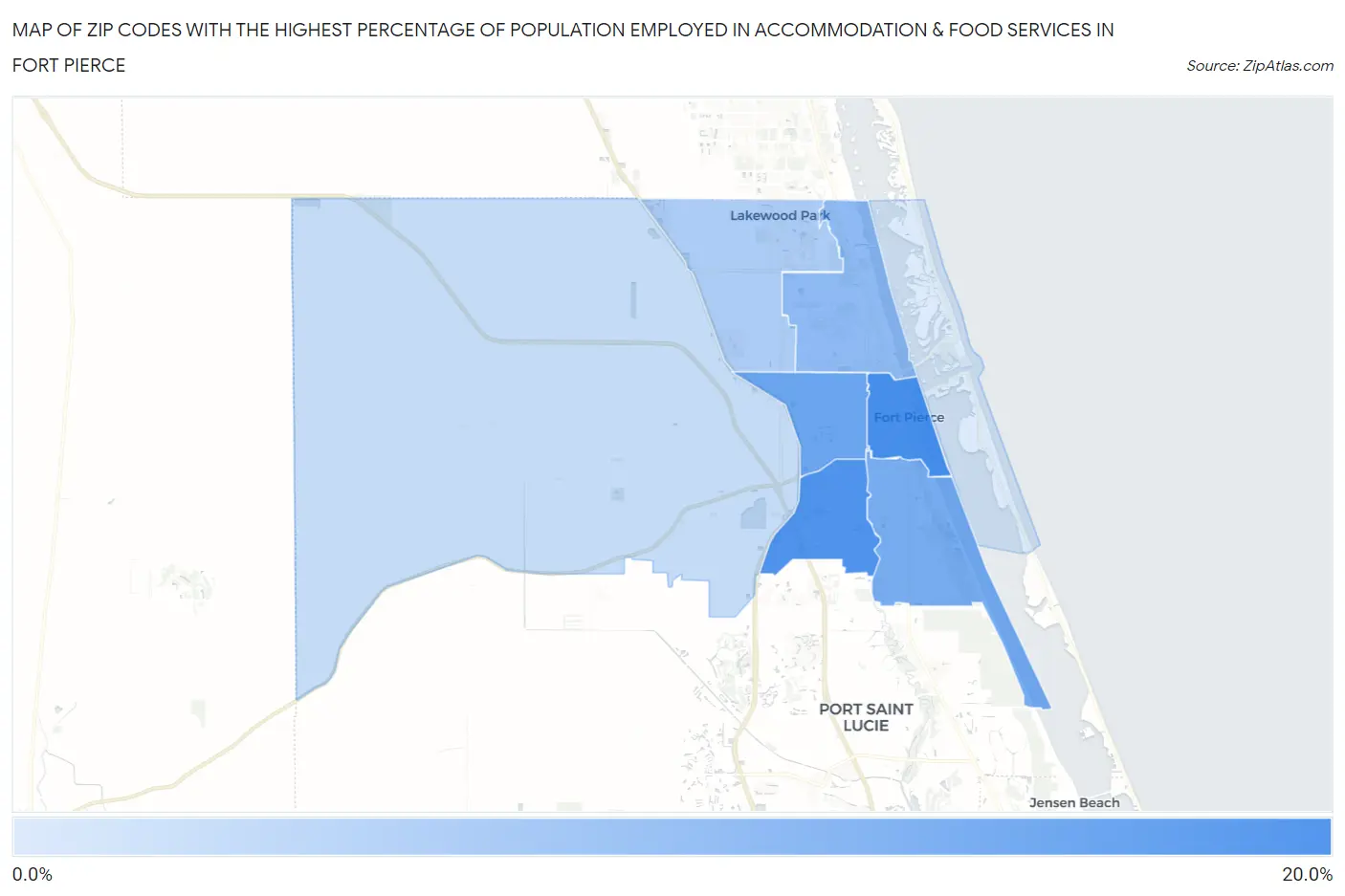 Zip Codes with the Highest Percentage of Population Employed in Accommodation & Food Services in Fort Pierce Map