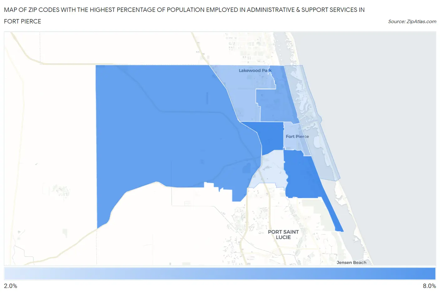 Zip Codes with the Highest Percentage of Population Employed in Administrative & Support Services in Fort Pierce Map