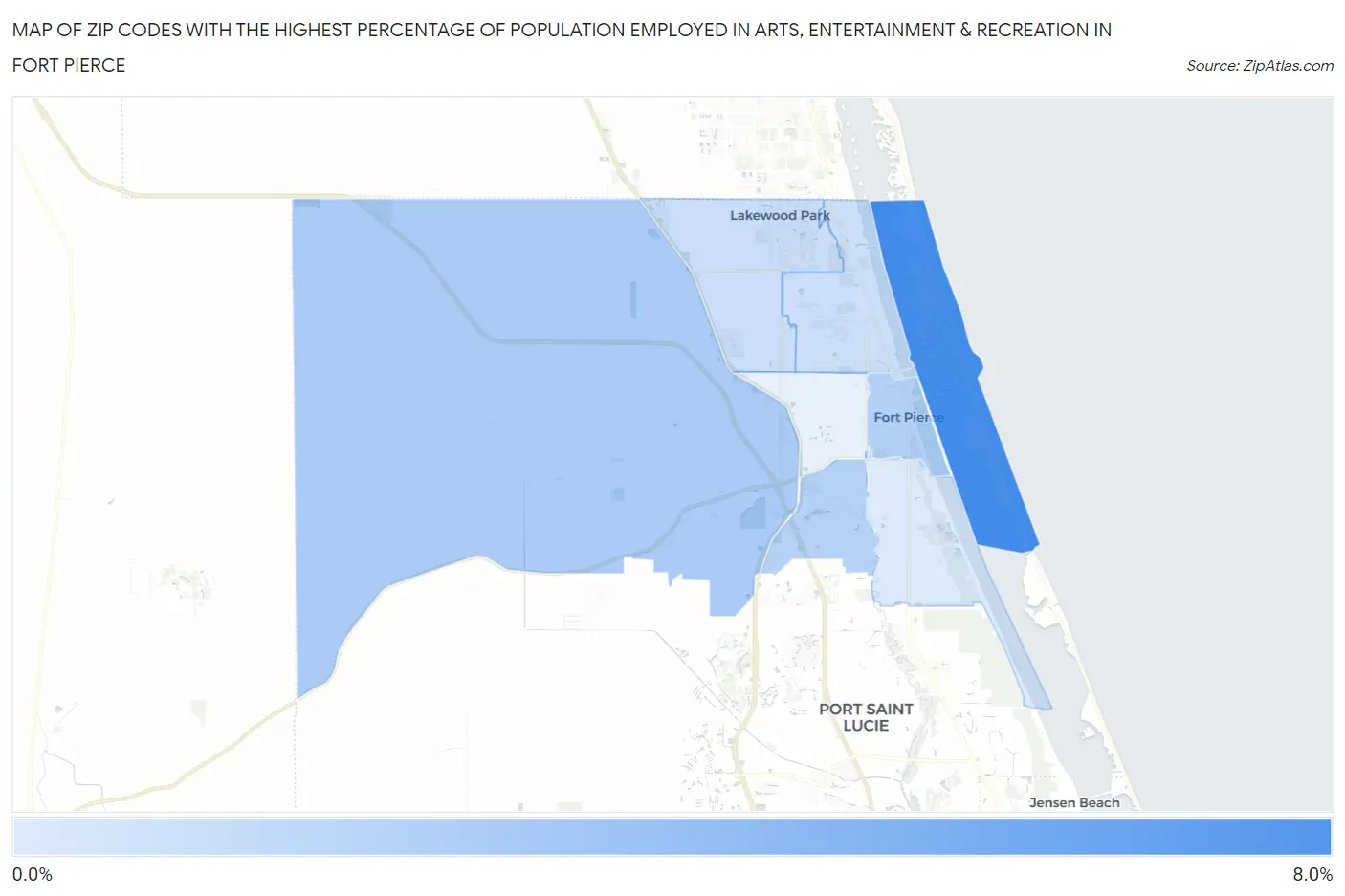 Zip Codes with the Highest Percentage of Population Employed in Arts, Entertainment & Recreation in Fort Pierce Map