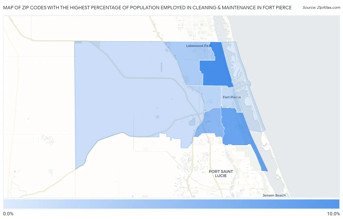 Zip Codes with the Highest Percentage of Population Employed in Cleaning & Maintenance in Fort Pierce Map