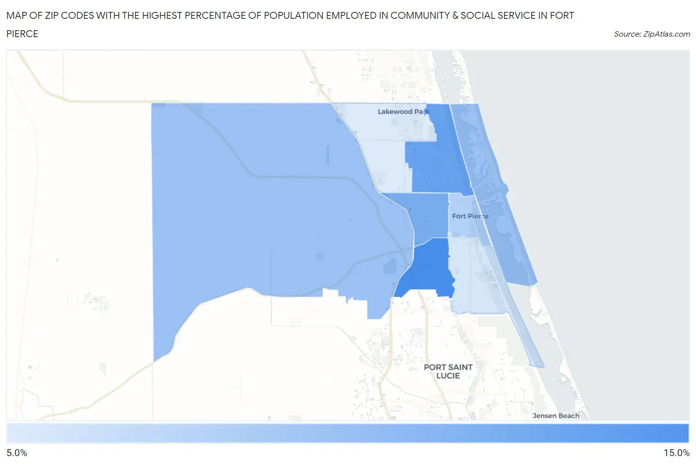 Zip Codes with the Highest Percentage of Population Employed in Community & Social Service  in Fort Pierce Map
