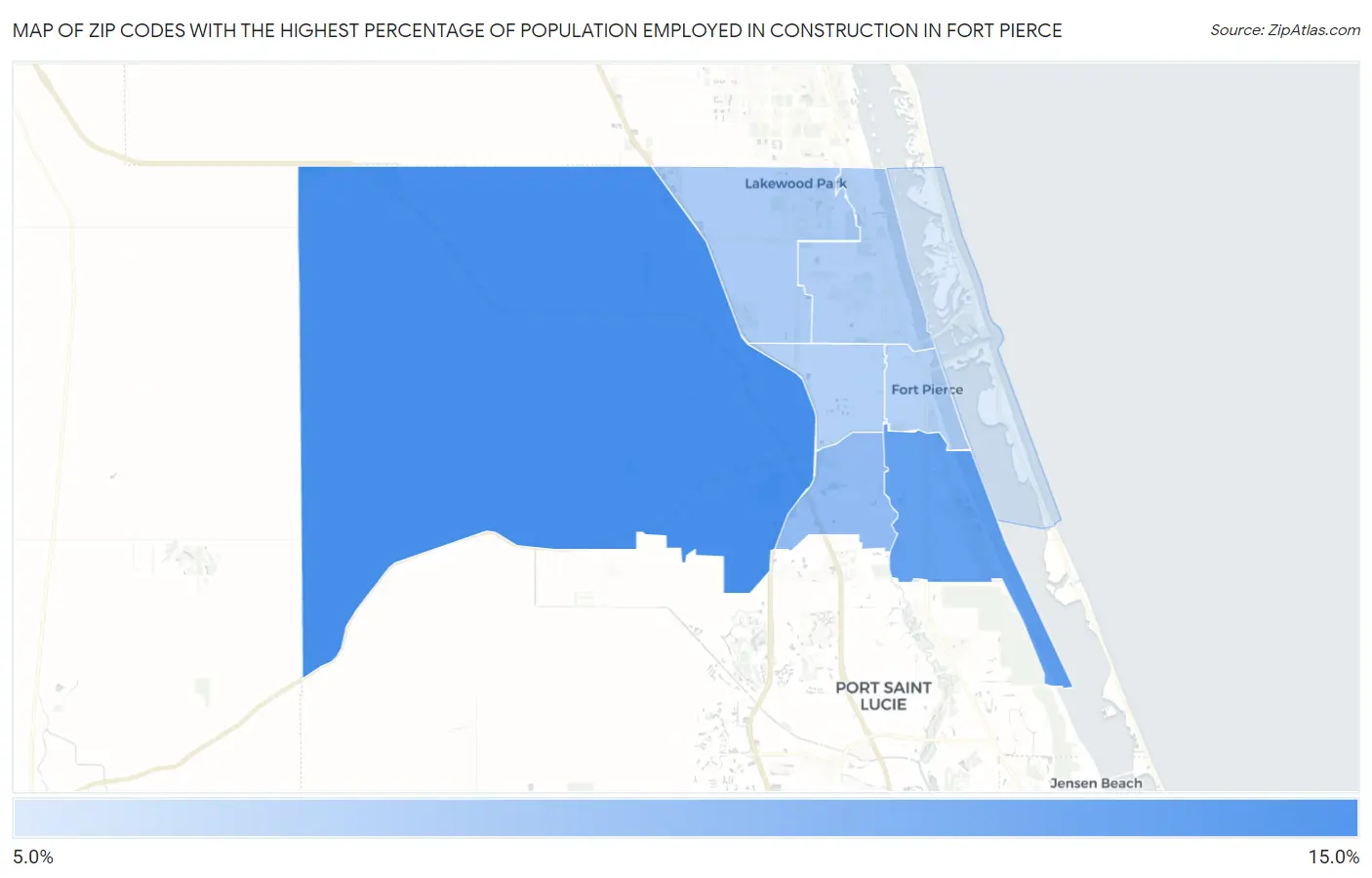 Zip Codes with the Highest Percentage of Population Employed in Construction in Fort Pierce Map
