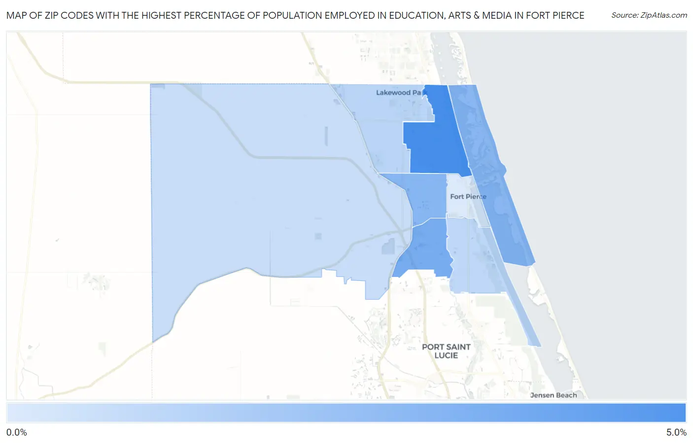 Zip Codes with the Highest Percentage of Population Employed in Education, Arts & Media in Fort Pierce Map