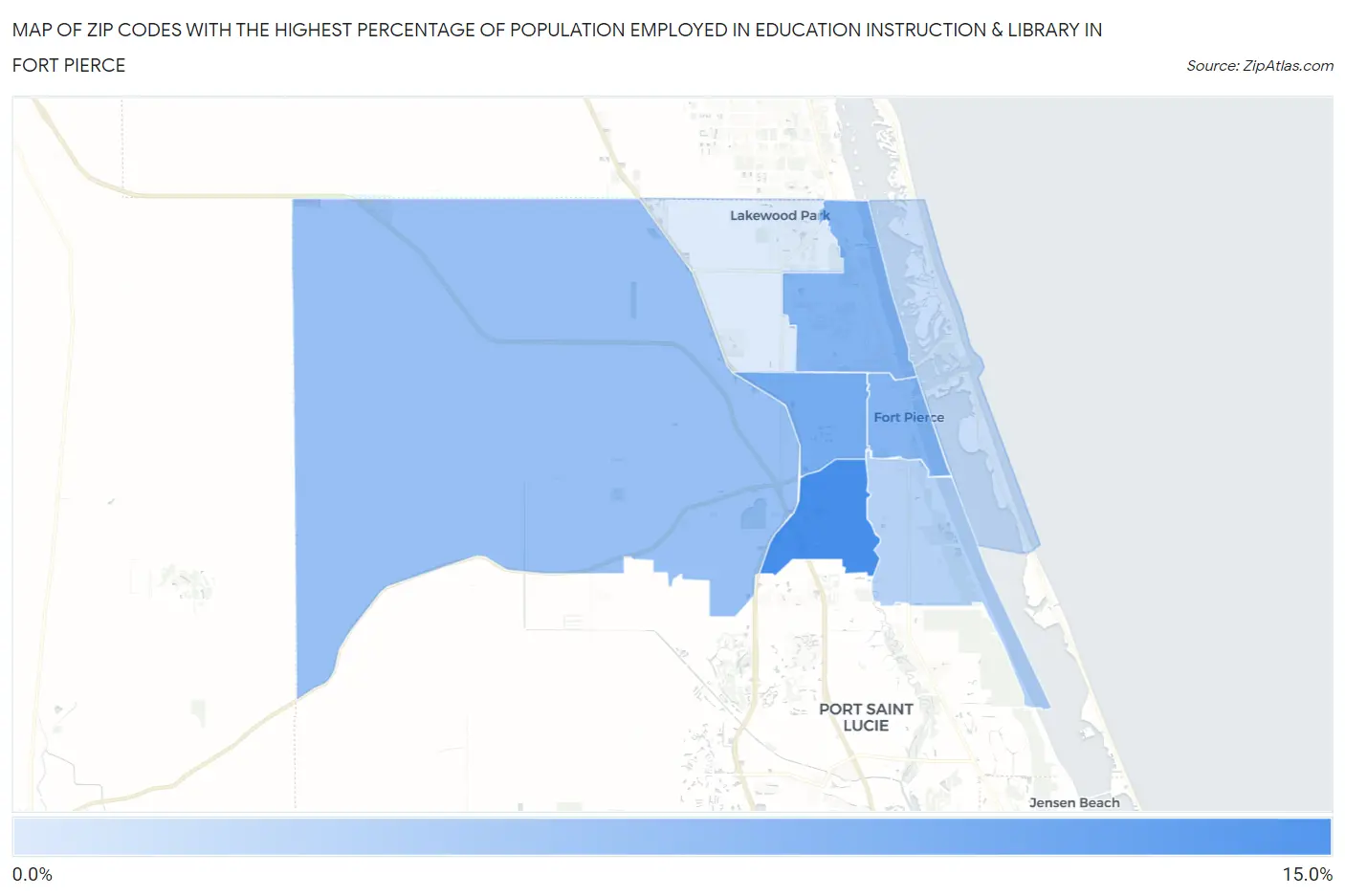 Zip Codes with the Highest Percentage of Population Employed in Education Instruction & Library in Fort Pierce Map