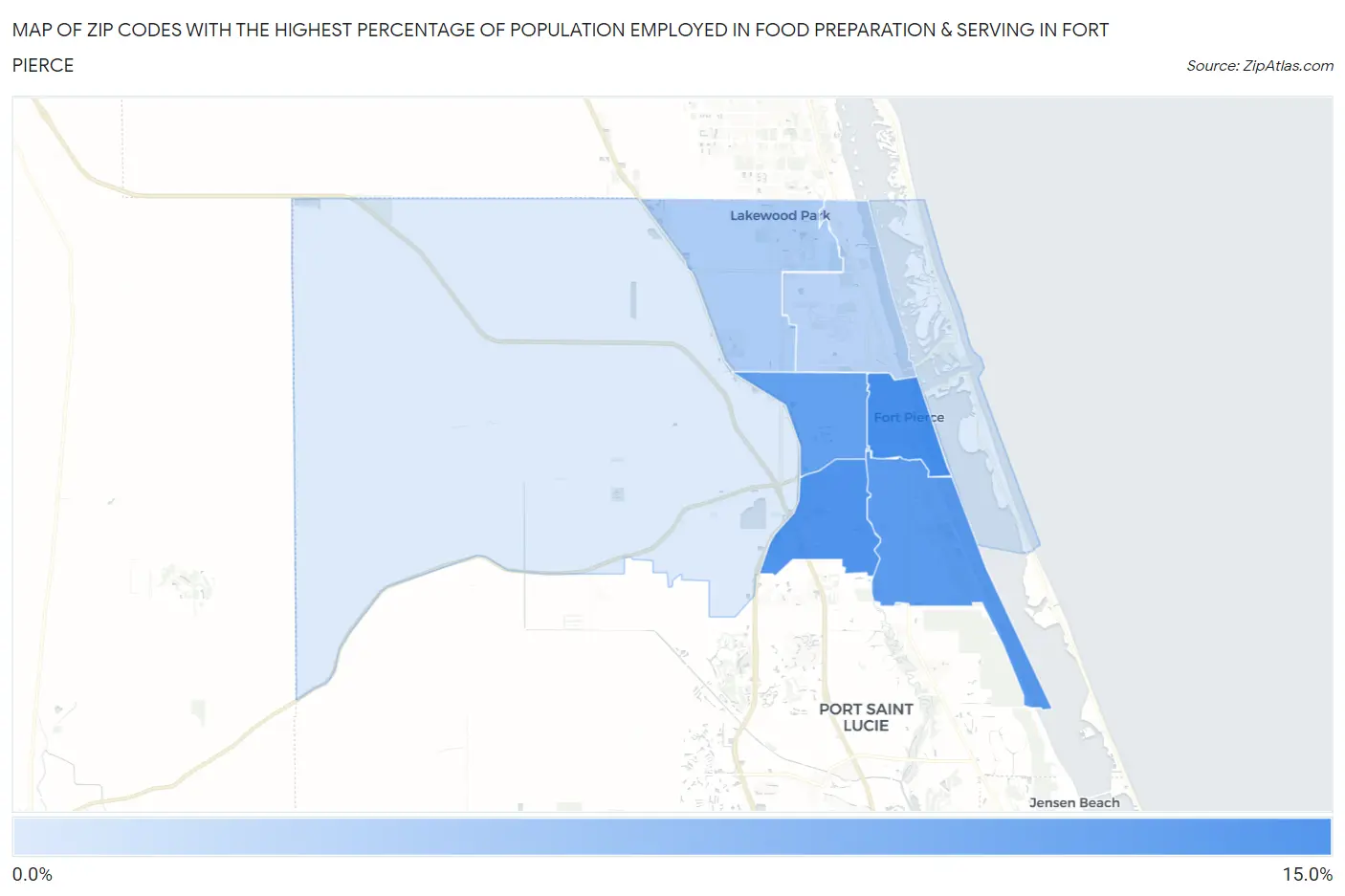 Zip Codes with the Highest Percentage of Population Employed in Food Preparation & Serving in Fort Pierce Map