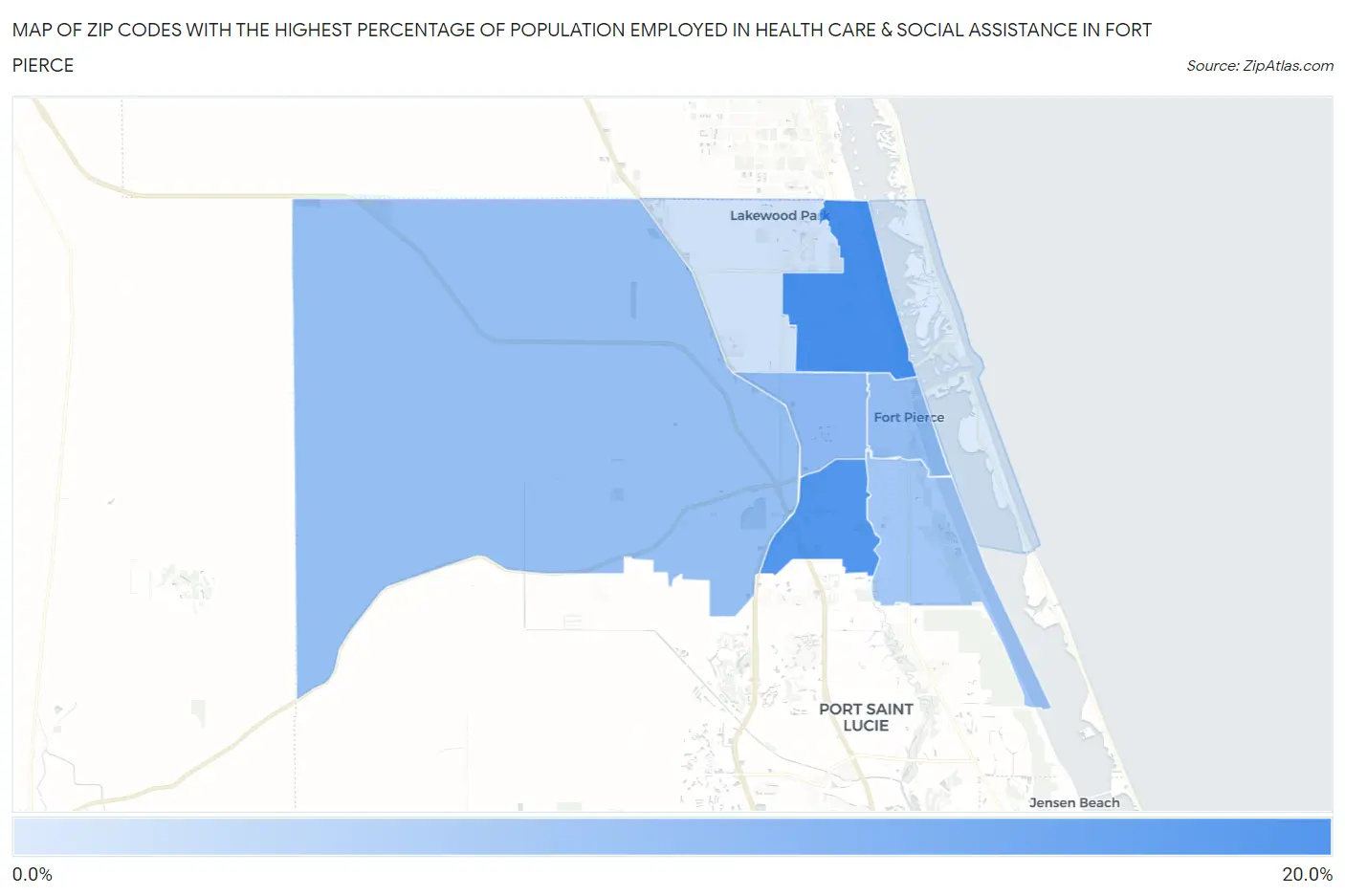 Zip Codes with the Highest Percentage of Population Employed in Health Care & Social Assistance in Fort Pierce Map
