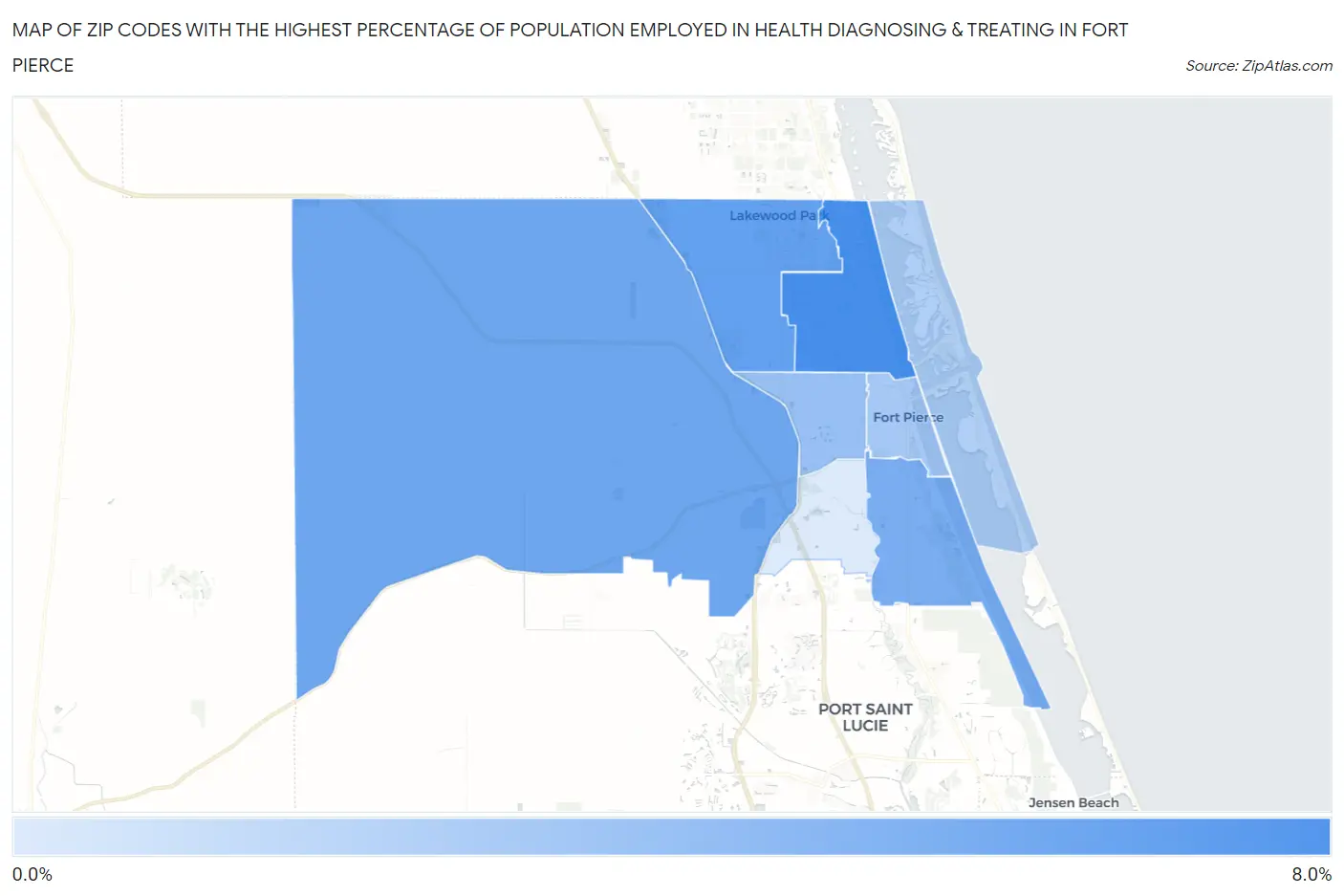 Zip Codes with the Highest Percentage of Population Employed in Health Diagnosing & Treating in Fort Pierce Map
