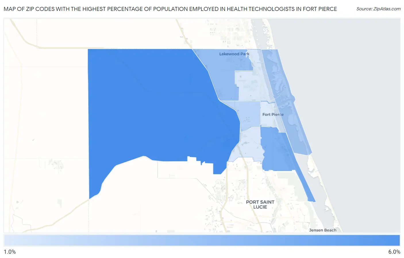 Zip Codes with the Highest Percentage of Population Employed in Health Technologists in Fort Pierce Map