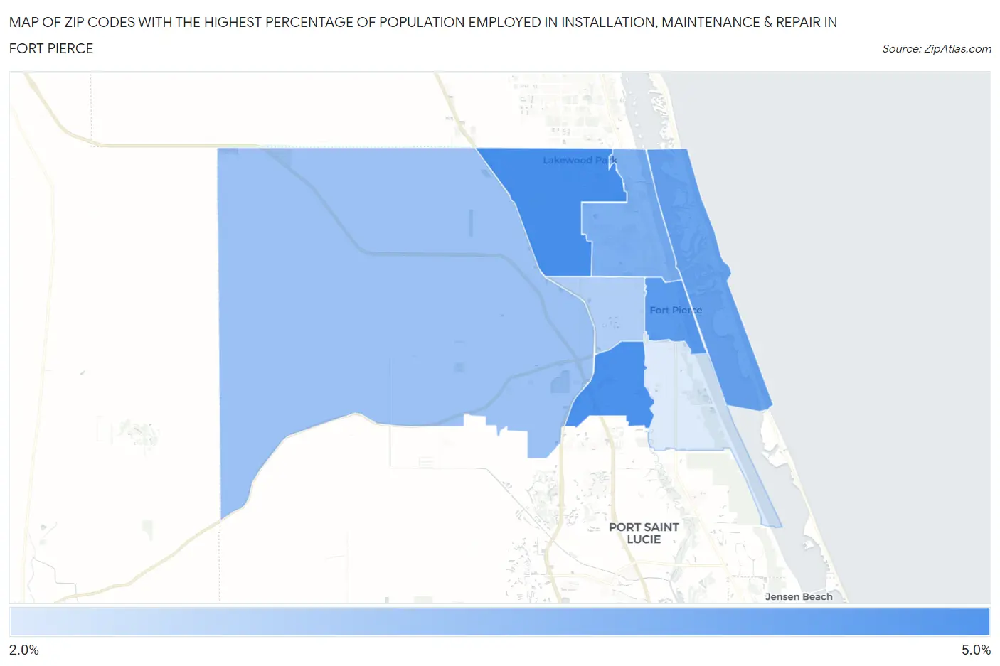 Zip Codes with the Highest Percentage of Population Employed in Installation, Maintenance & Repair in Fort Pierce Map