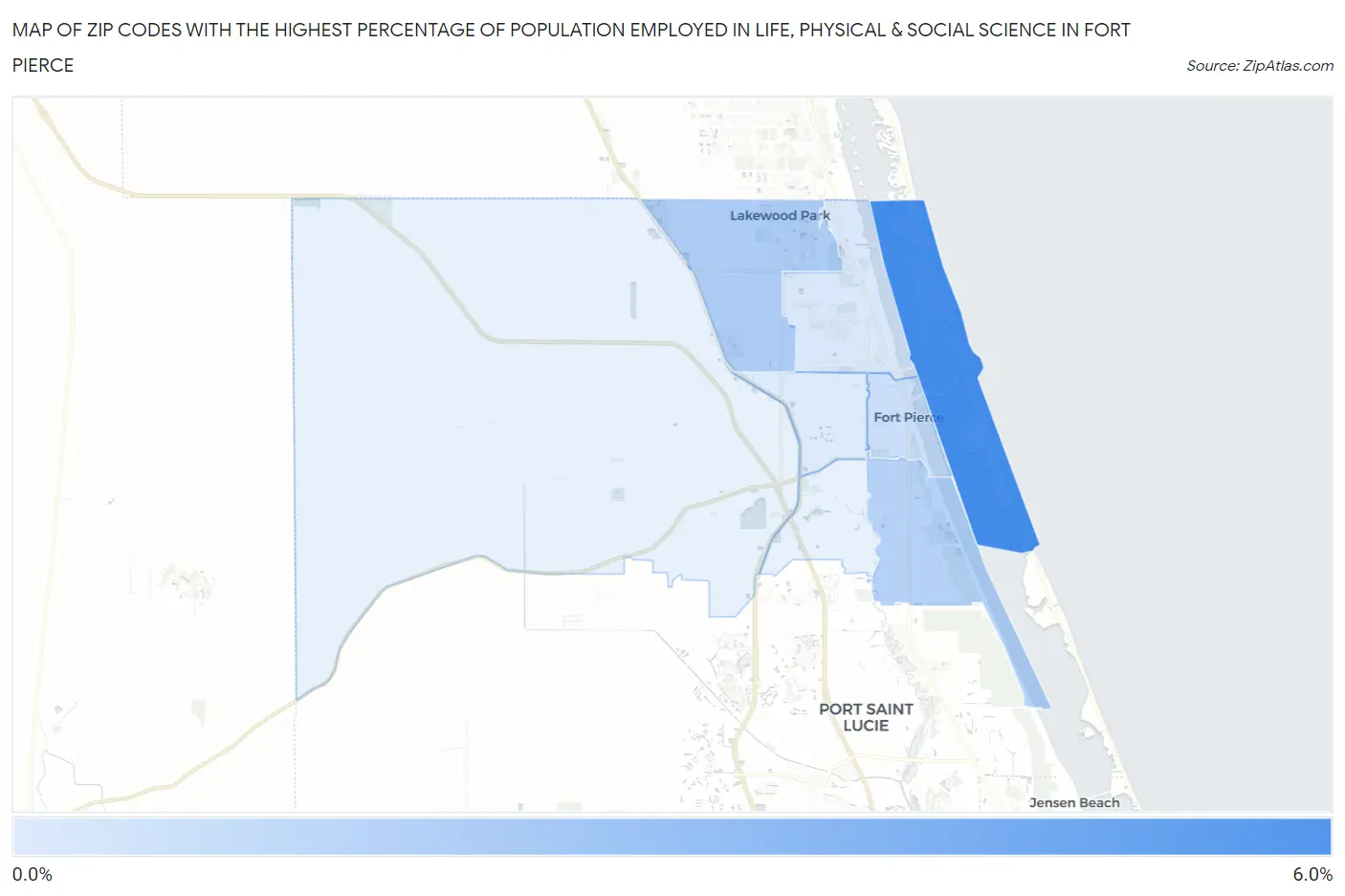 Zip Codes with the Highest Percentage of Population Employed in Life, Physical & Social Science in Fort Pierce Map