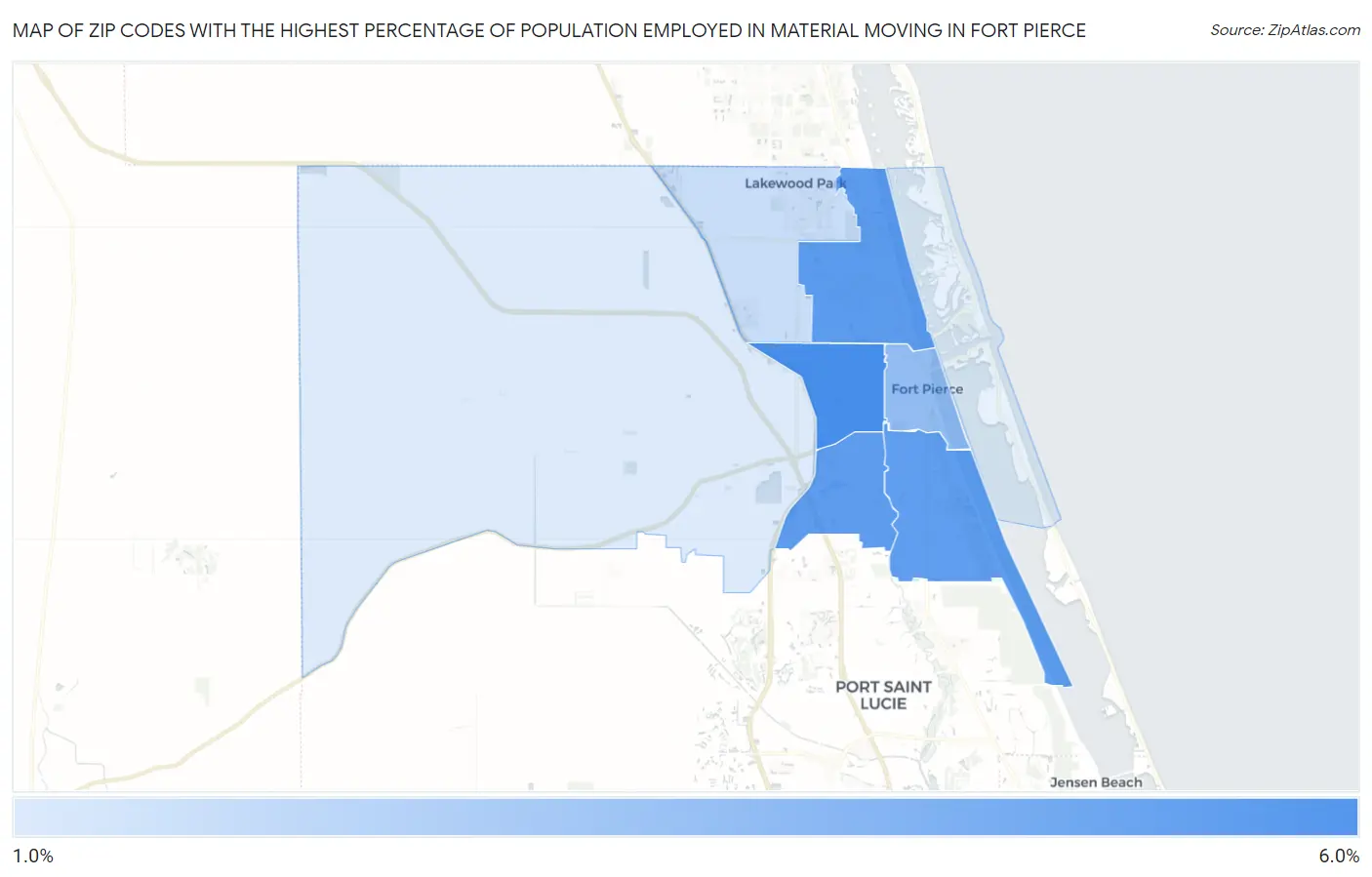 Zip Codes with the Highest Percentage of Population Employed in Material Moving in Fort Pierce Map