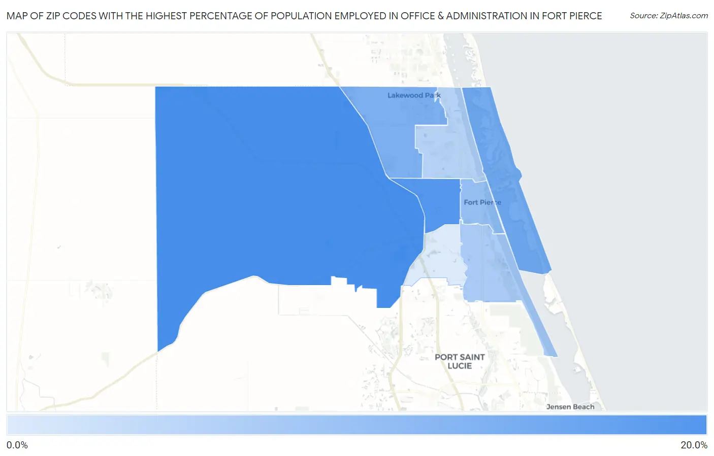 Zip Codes with the Highest Percentage of Population Employed in Office & Administration in Fort Pierce Map