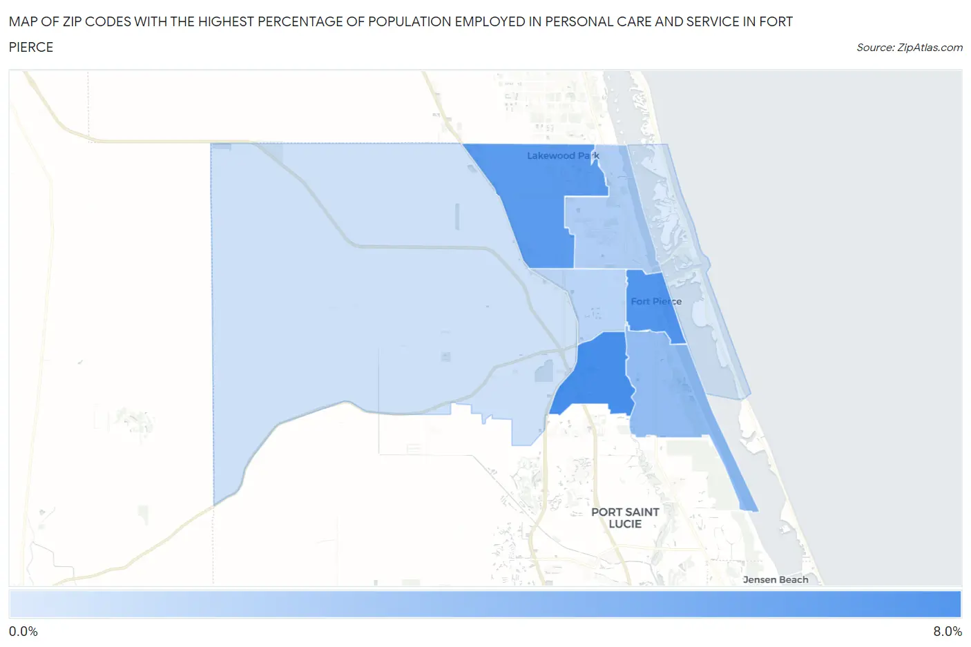 Zip Codes with the Highest Percentage of Population Employed in Personal Care and Service in Fort Pierce Map