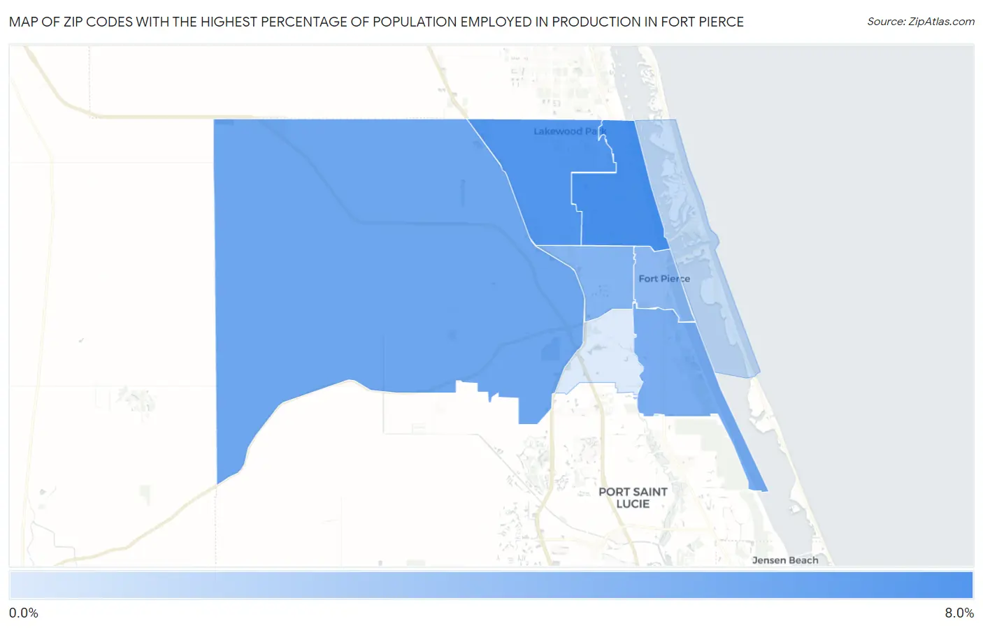 Zip Codes with the Highest Percentage of Population Employed in Production in Fort Pierce Map