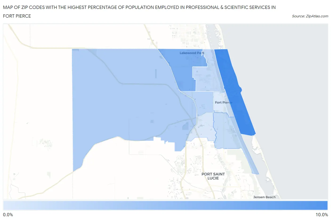 Zip Codes with the Highest Percentage of Population Employed in Professional & Scientific Services in Fort Pierce Map