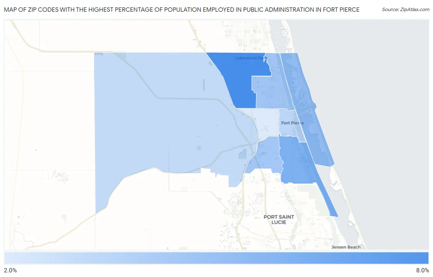 Zip Codes with the Highest Percentage of Population Employed in Public Administration in Fort Pierce Map