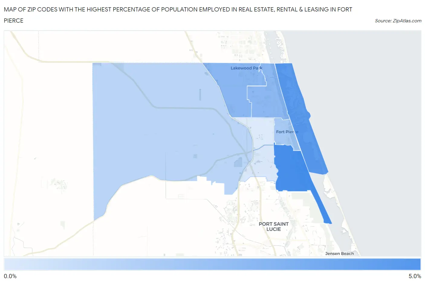 Zip Codes with the Highest Percentage of Population Employed in Real Estate, Rental & Leasing in Fort Pierce Map