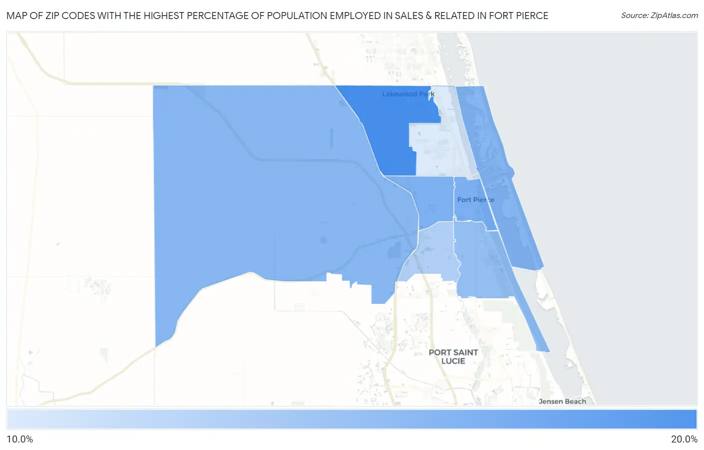 Zip Codes with the Highest Percentage of Population Employed in Sales & Related in Fort Pierce Map