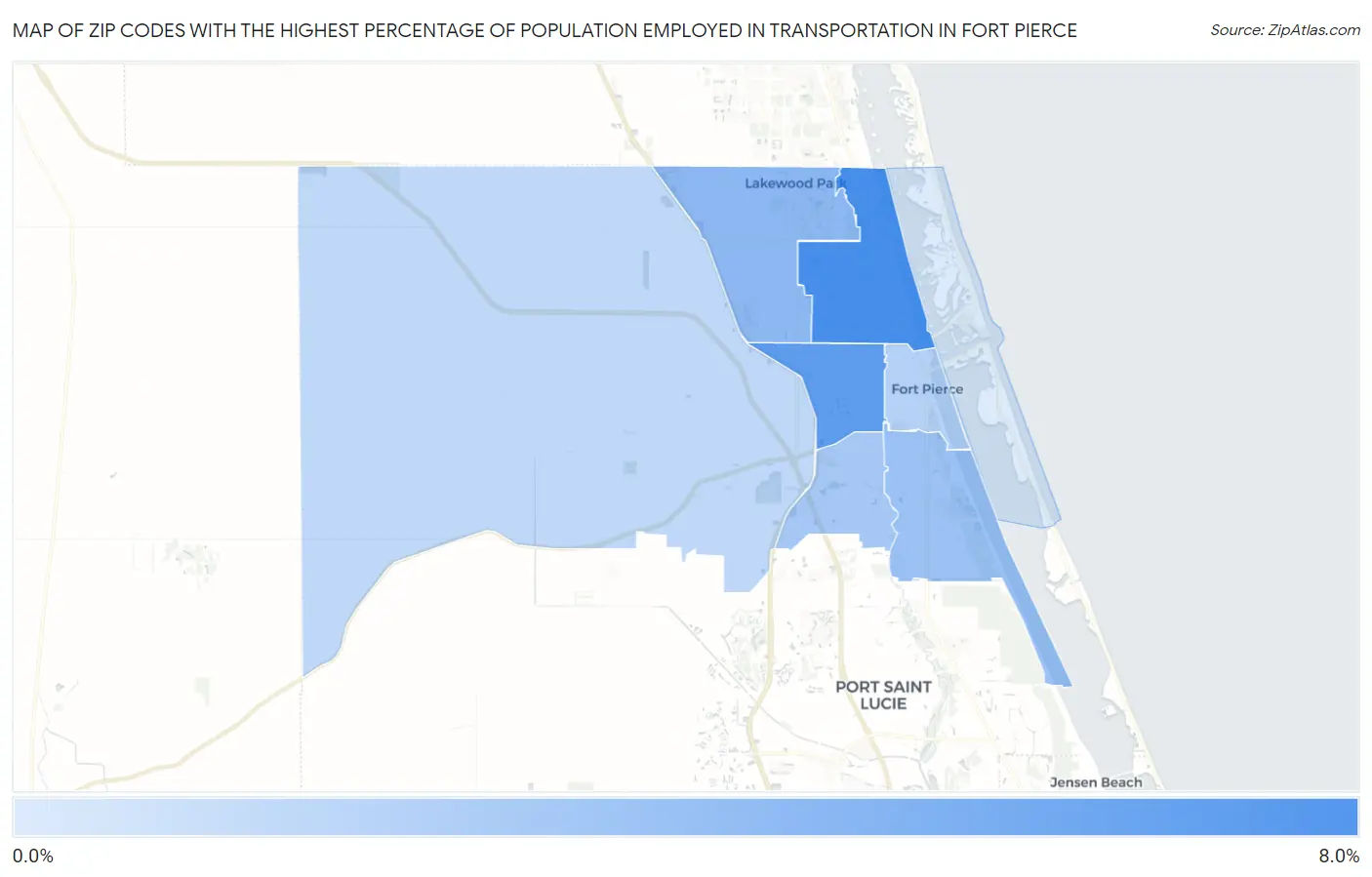 Zip Codes with the Highest Percentage of Population Employed in Transportation in Fort Pierce Map