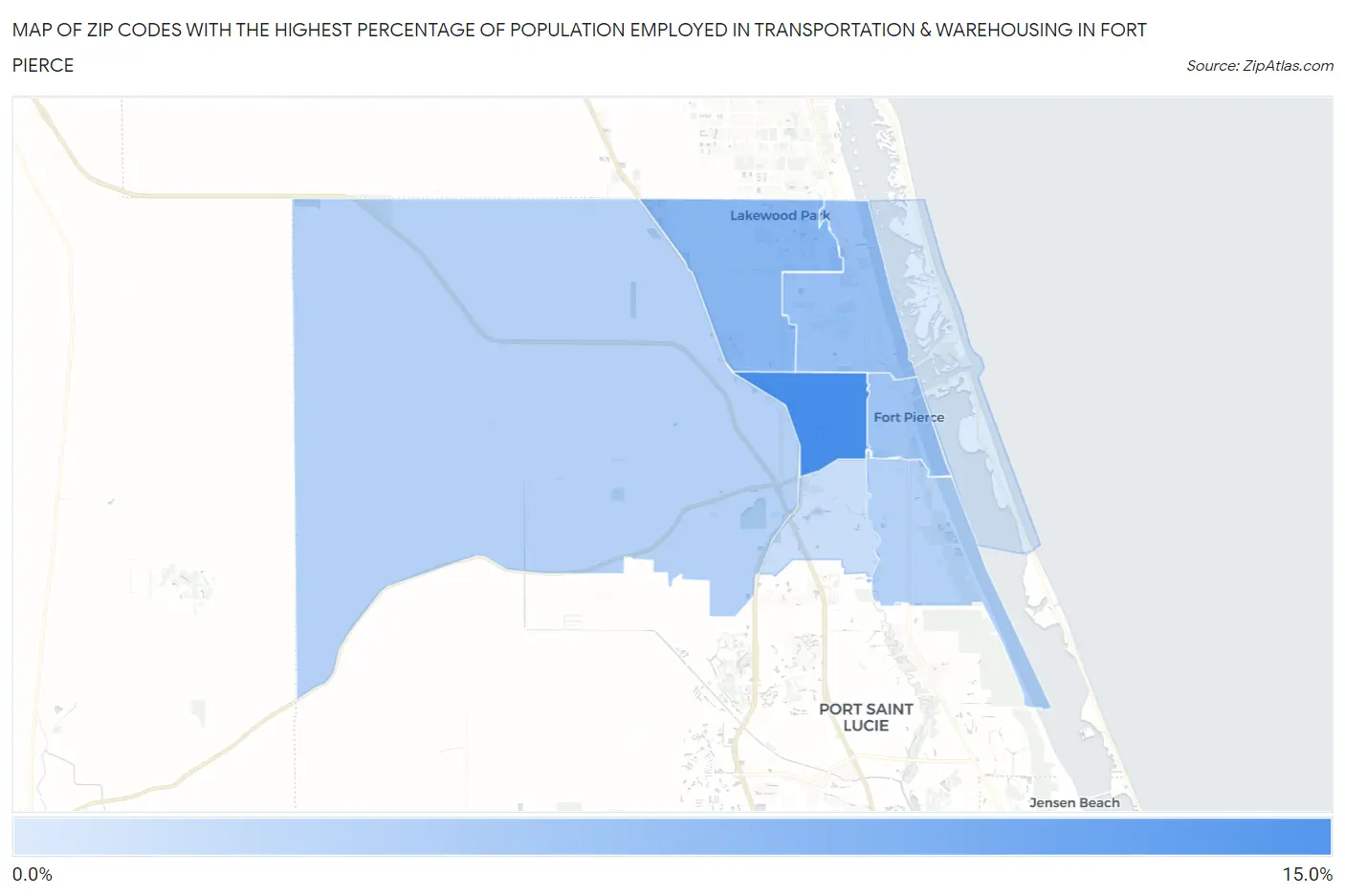 Zip Codes with the Highest Percentage of Population Employed in Transportation & Warehousing in Fort Pierce Map